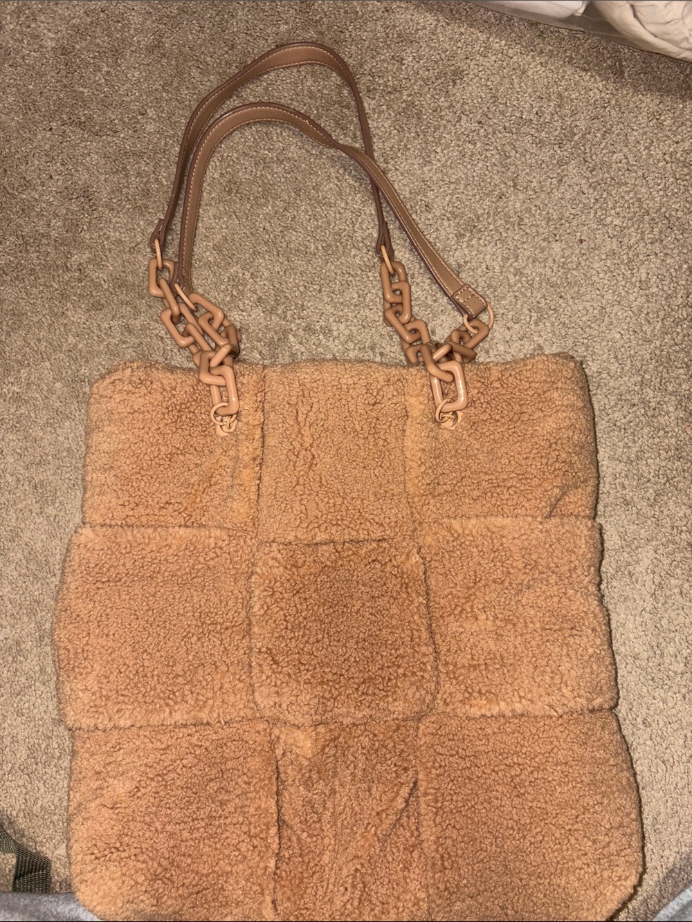Teddy Faux-Shearling Tote Bag in Camel - Women's Shoulder Bag